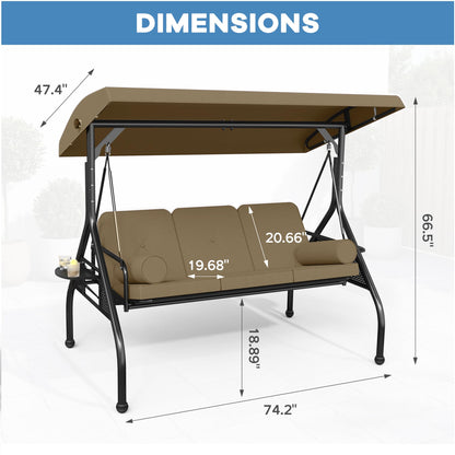 Patiomore 3 Seat Outdoor Porch Swing Chair, Adjustable Canopy Swing Bench, Convertible Backrest Swing Bed with Thicken Cushions, Pillow & Cup Hold (Beige)