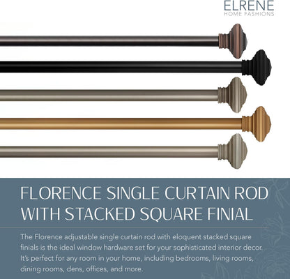 Elrene Home Fashions Florence Single Curtain Rod with Stacked Square Finials, 1" Diameter, Soft Gold, 28X48