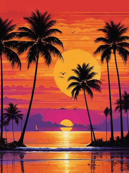 PUAGEMTI Palm Tree Sunset Diamond Painting,Summer Beach Sunset 5D Diamond Art Painting Kits Home Wall Decor for Adults Beginners DIY Full Drill 12x16 Inch
