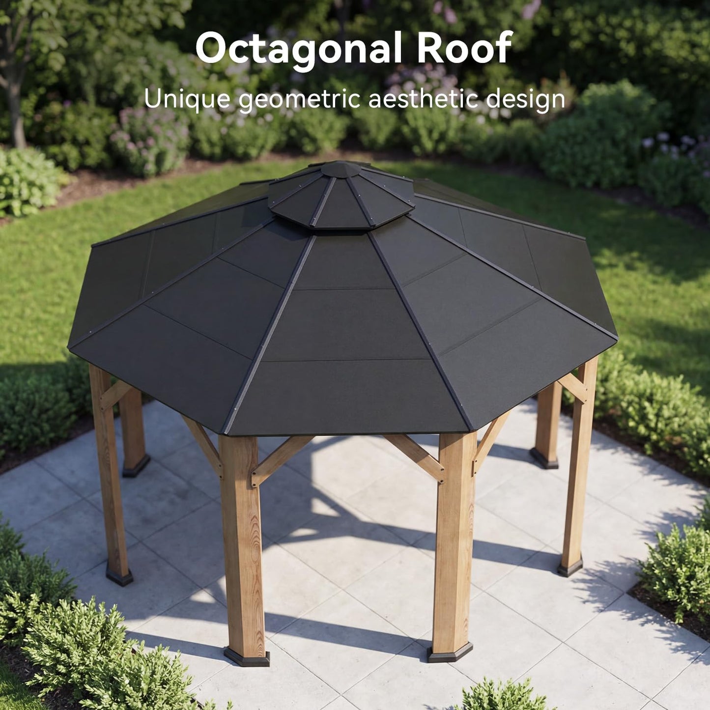 Aoxun 13' x 13' Outdoor Wood Gazebo, Hardtop Gazebo Permanent Wooden Pavilion with Galvanized Steel Double Roof, for Packyard, Garden, Deck, Cedar Wood
