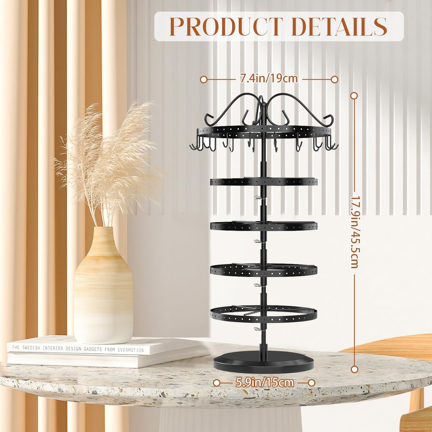 MODOWEY Rotating Jewelry Holder Organizer Stand, 5 Tier Metal Adjustable Display Tree, 228 Hole Earring Tower for Stud Dangle, 17 Hook Necklace Bracelet Storage Rack, Versatile Compact Hanger, Black
