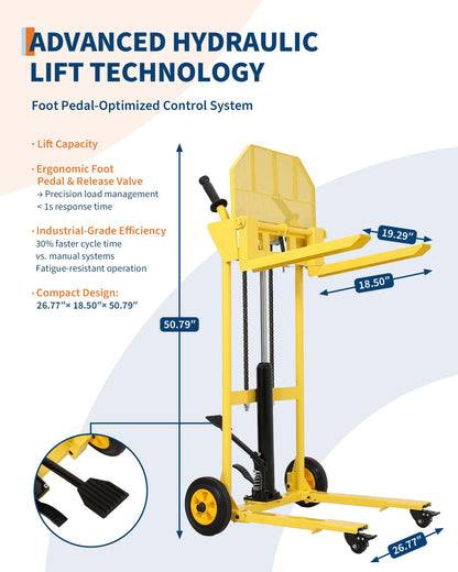 Hydraulic Material Lift with Steel Platform Board, 440lbs Capacity Pallet Truck Dolly, Lift Table, 36" Max Lift Winch Stacker, Multifunctional Hydraulic Hand Truck Fork Lift, Adjustable Forks