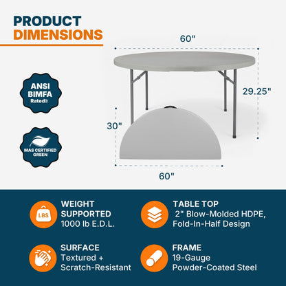 OEF Furnishings OEFCMFIH60R Commercial-Grade Premium Industrial Fold-in-Half Blow-Molded Folding Table with 19-Gauge Steel Frame and Thick Top (60" Diameter, Speckled Gray Top)