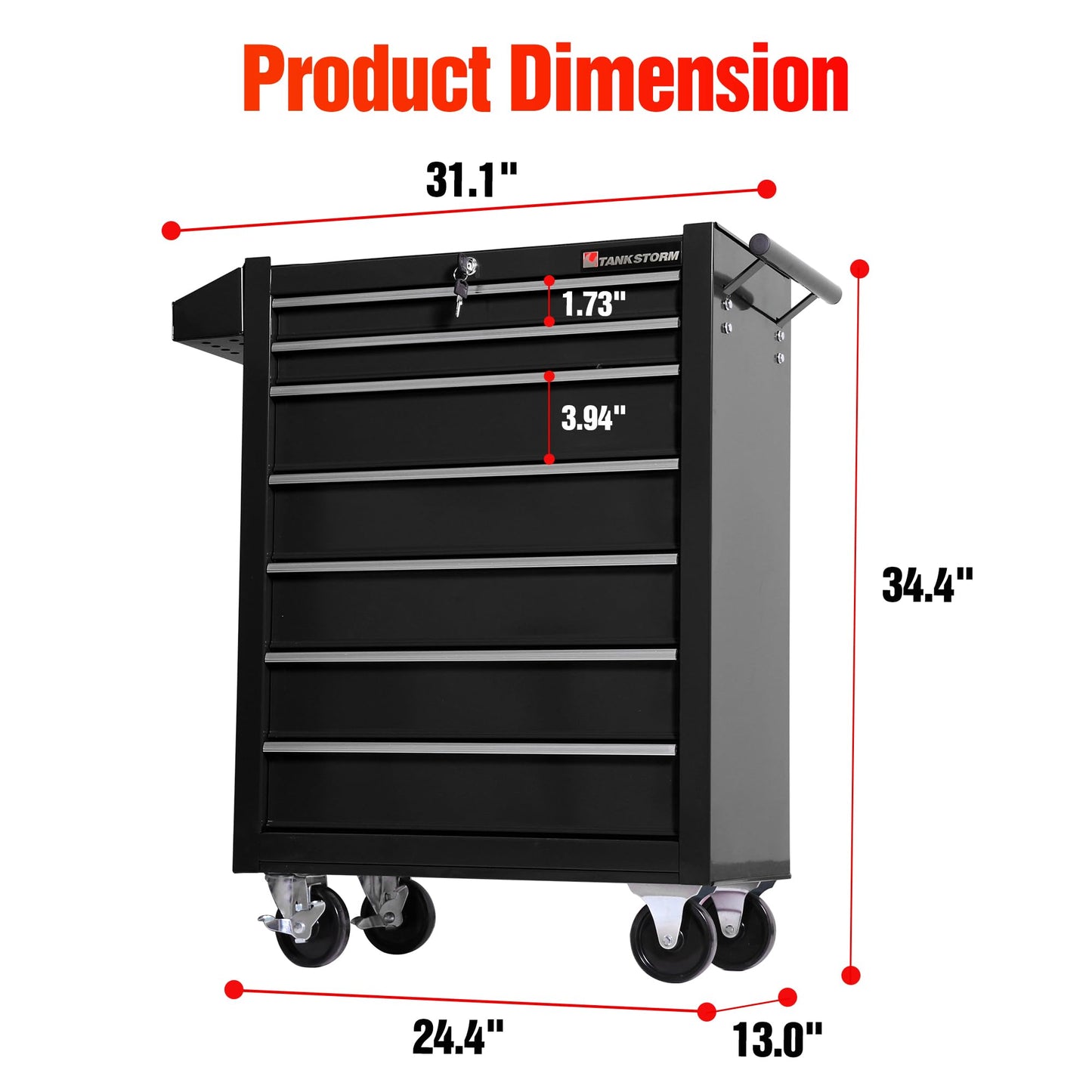 TANKSTORM Tool Chest Heavy Duty Cart Steel Rolling Tool Box 7 Drawer Cart (TZ37-BK)