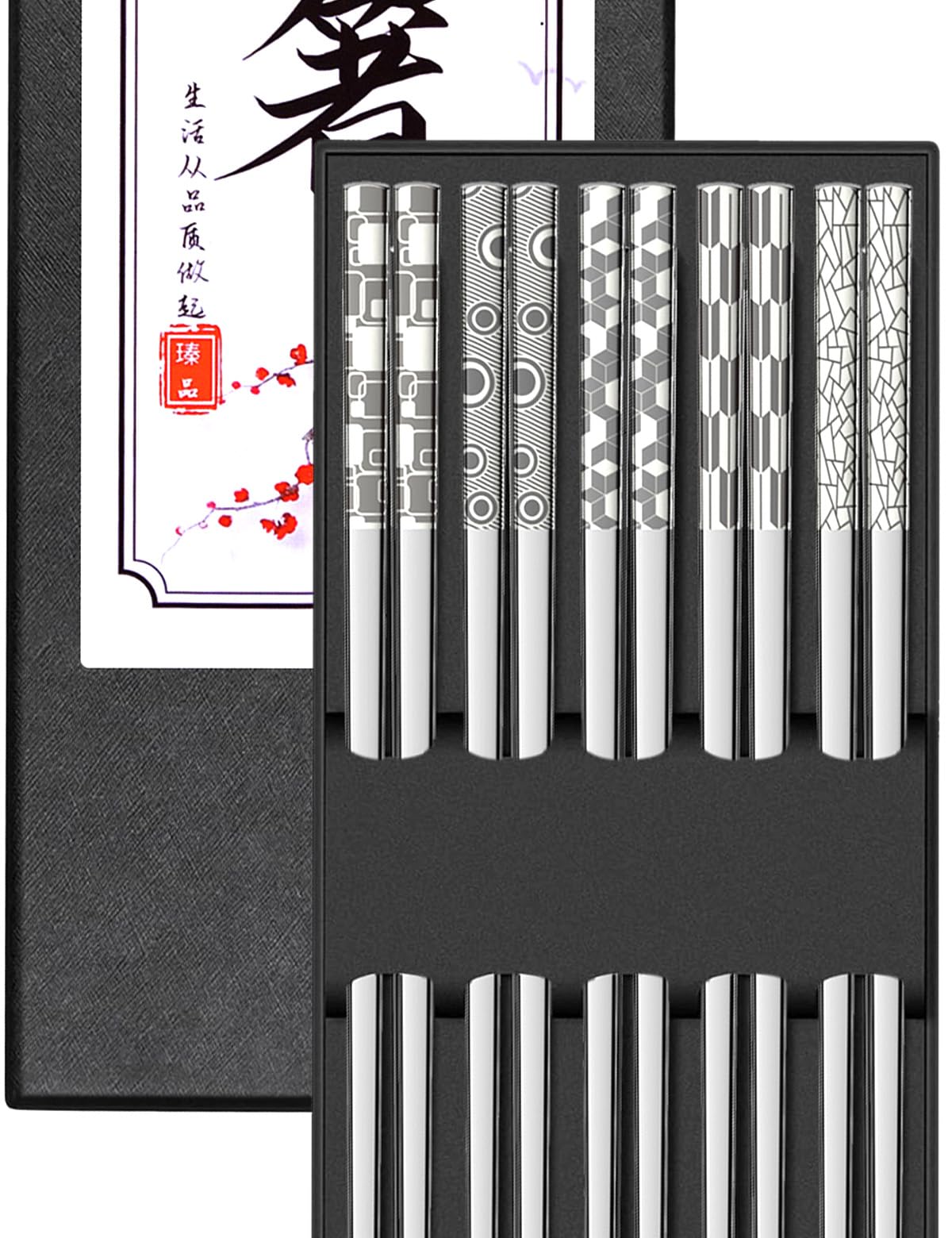 TINMARDA Metal Chopsticks Reusable 18/8 Stainless Steel Chopstick Sleek Engraving Patterns Chop Sticks Reusable Dishwasher Safe Non-Slip Japanese Korean ChopStick 5 Pairs Present Set