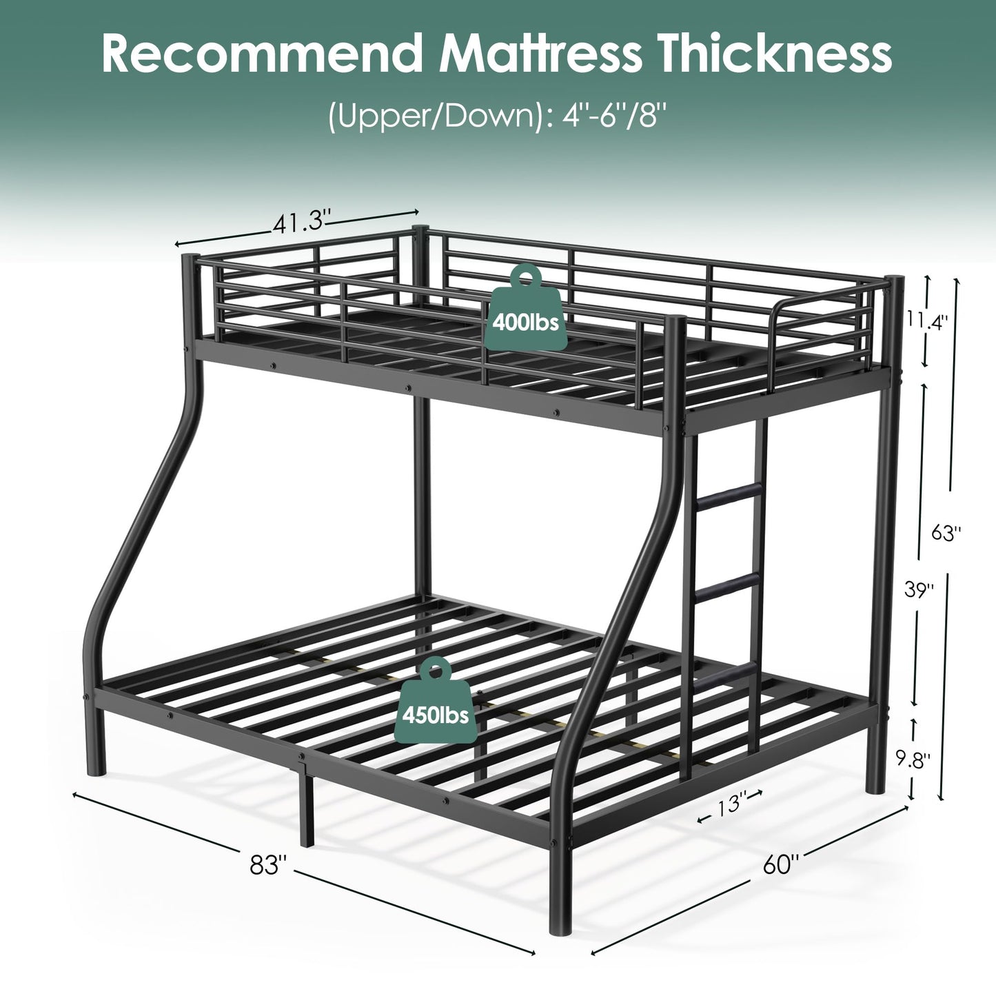 Cyranture Twin XL Over Queen Bunk Bed Size, Heavy Duty Bunk Beds with Bottom Space & Guardrail Metal Bunk Bed Frame for Adults Dorm Bedroom Guest Room, No Box Spring Needed（Upgrate Black）