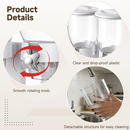 Skdqiee 2-Container Cereal Dispenser, 4L Dry Food Storage, White Triple Snack Dispenser, Rotating Dry Food Containers Storage for Candy, Nut, Coffee Beans, 10.6 x 6.3 x 13.8 in