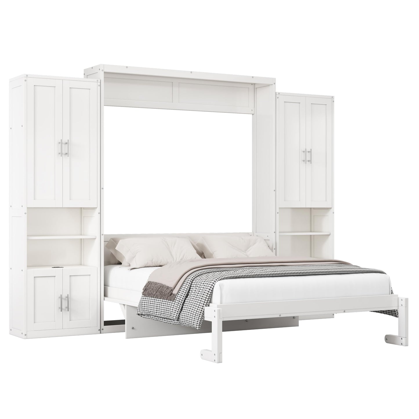 DNYN Queen Size Murphy Bed with Desk & Two Slide Storage Shelf for Small Space,Bedroom,Guest Room,Wooden Wall Bedframe w/Folding into Cabinet Design,Super Save Space & No Box Spring Needed, White