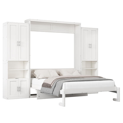 DNYN Queen Size Murphy Bed with Desk & Two Slide Storage Shelf for Small Space,Bedroom,Guest Room,Wooden Wall Bedframe w/Folding into Cabinet Design,Super Save Space & No Box Spring Needed, White
