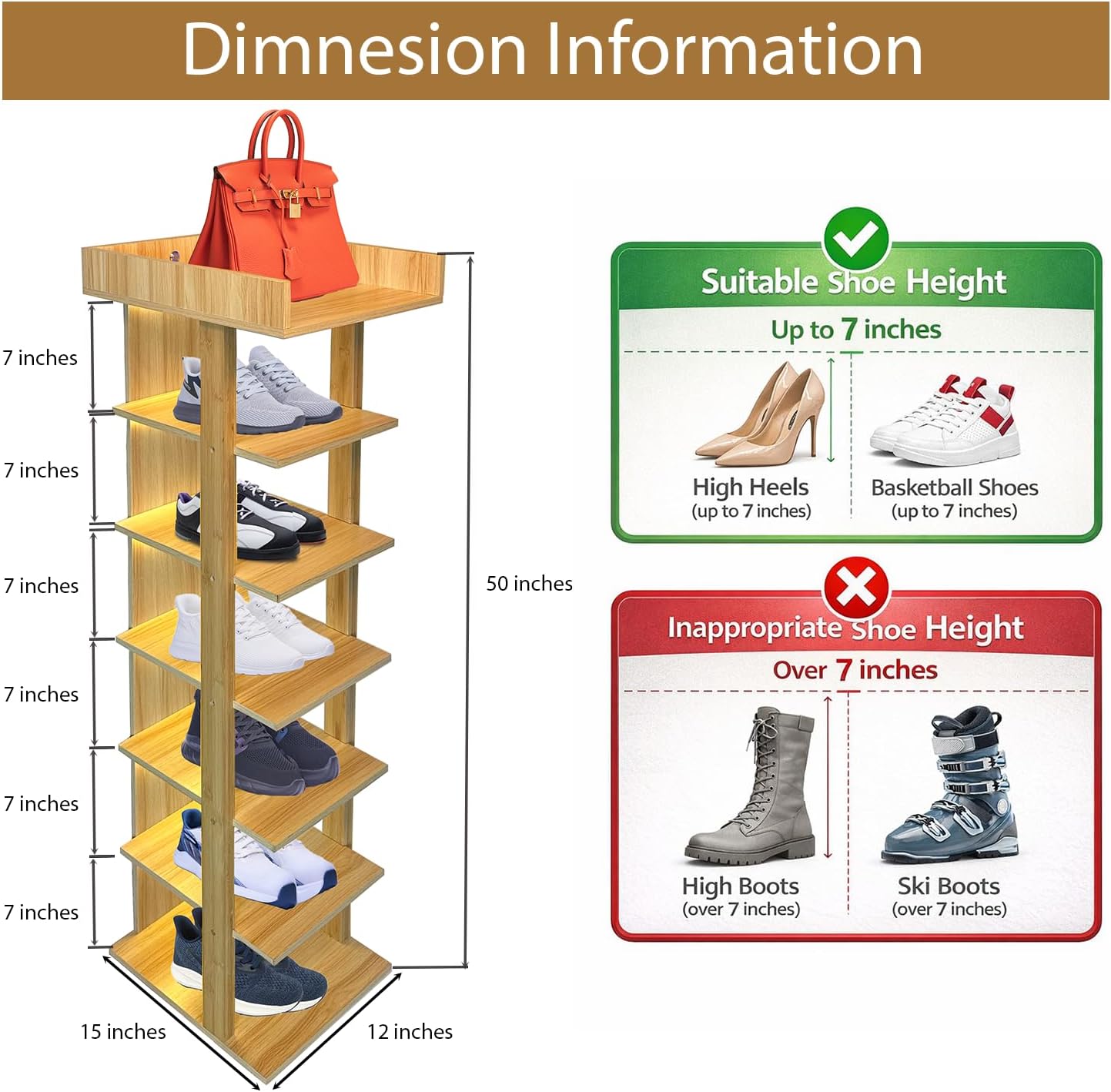 Generic 6 Closet, 7-12 Tier Wooden Freestanding Shoe Rack with LED Ambient Lighting, Slim Narrow Vertical Shoe