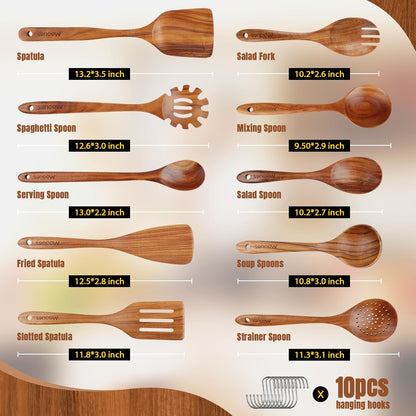 Skiennix Wooden Spoons Set - 10PCS Teak Cookware Utensils with Hooks | Smooth Finish & Heat Resistant