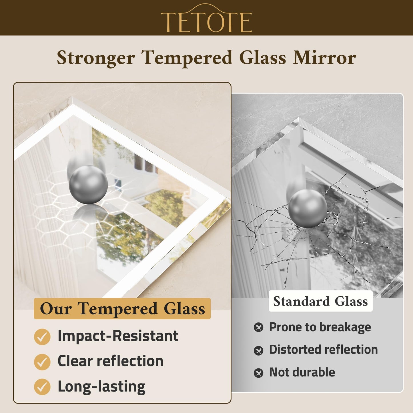 TETOTE 72 x 36 Inch Led Lighted Mirror for Bathroom Wall, Extra-Bright Beveled Bathroom Vanity Frontlit & Backlit Frameless Mirror with 3-Color Lights, Defogging, Tempered Glass, Waterproof