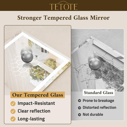 TETOTE 72 x 36 Inch Led Lighted Mirror for Bathroom Wall, Extra-Bright Beveled Bathroom Vanity Frontlit & Backlit Frameless Mirror with 3-Color Lights, Defogging, Tempered Glass, Waterproof