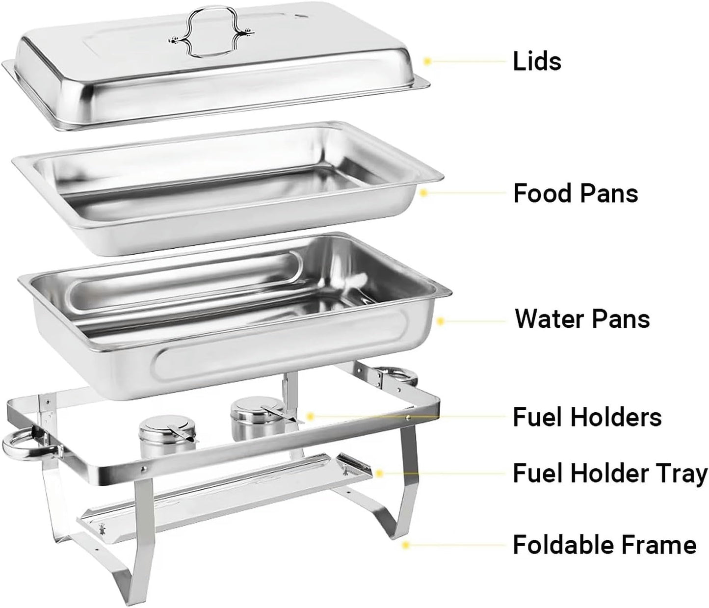 FENOKD Chafing Dish Buffet Set 2 Pack Stainless Steel Chafer for Catering, Full Size Rectangular Catering Chafer Warmer Set with Trays Pan Lid Folding Frame Stand.