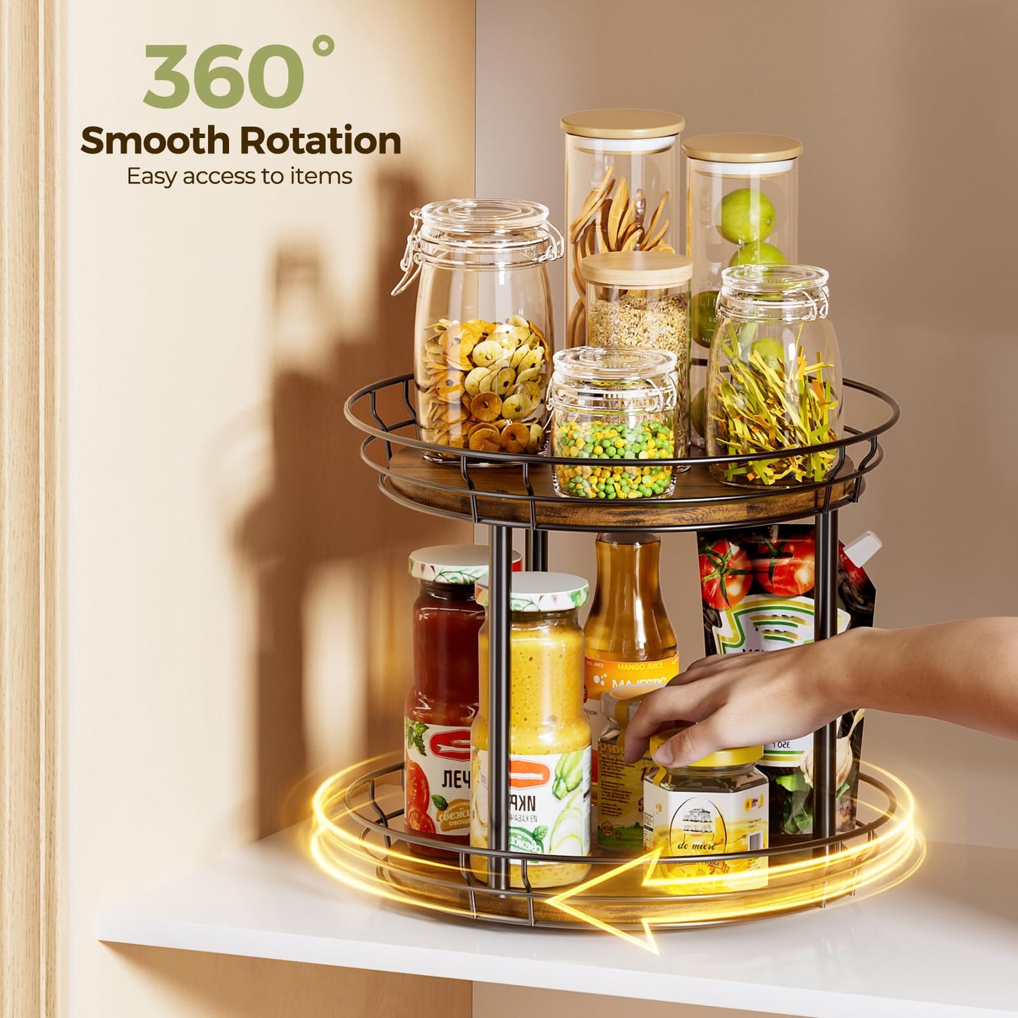 LAMU 10'' Lazy Susan Turntable Organizer, 2 Tier Round Rotating Spice Rack Organization for Kitchen Cabinet and Countertop, Wooden Lazy Susan for Table Top, Pantry, Bathroom, Vanity, Home Decor