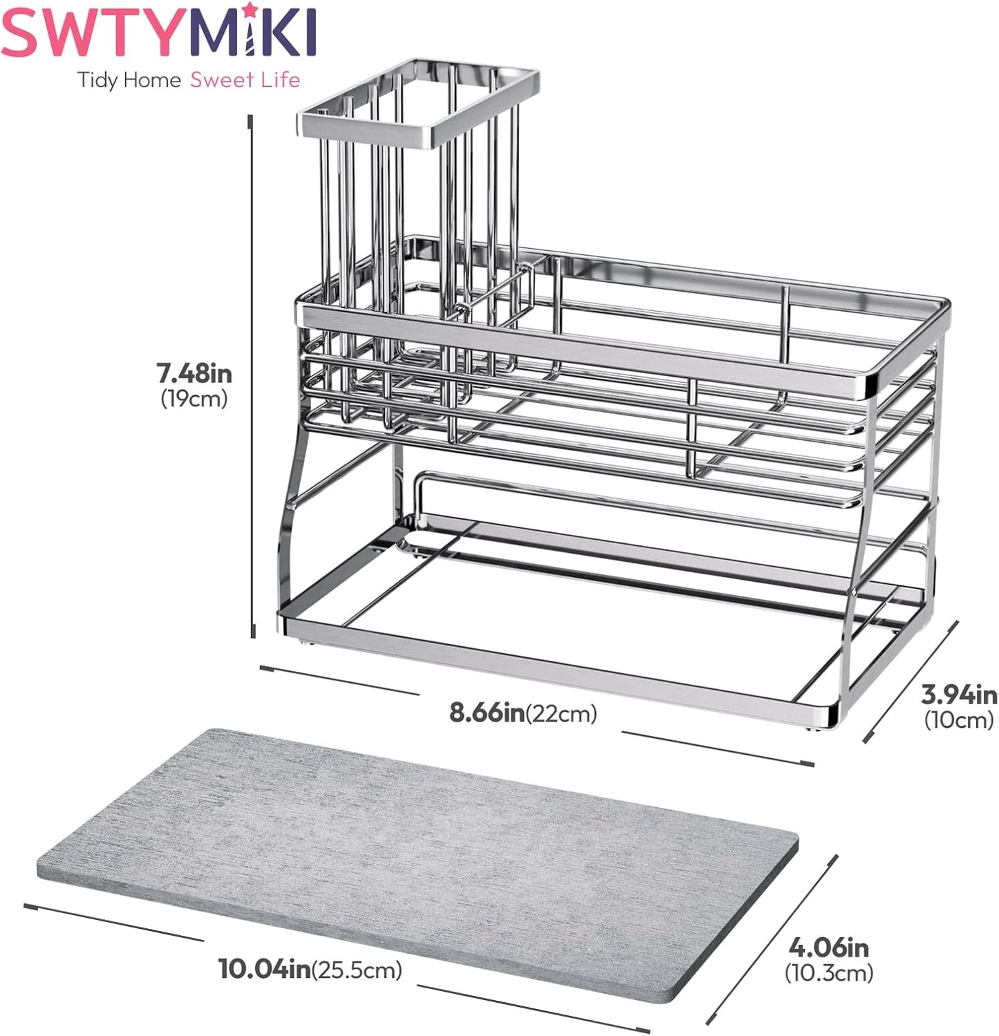 2 Countertop, SWTYMIKI Kitchen Sink Caddy Organizer, Tier Sponge Holder for Kitchen Sink with Instant Drying Stone