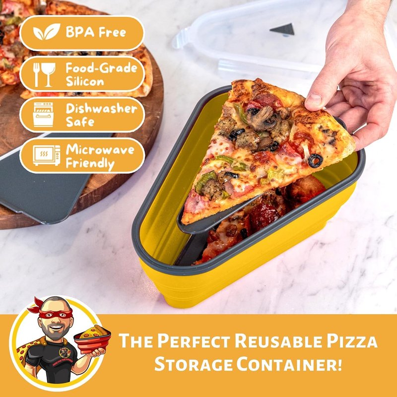 PIZZA PACK The Perfect Reusable Pizza Storage Container with 5 Microwavable Serving Trays - BPA-Free Adjustable Pizza Slice Container to Organize & Save Space, 3 Pack, Yellow