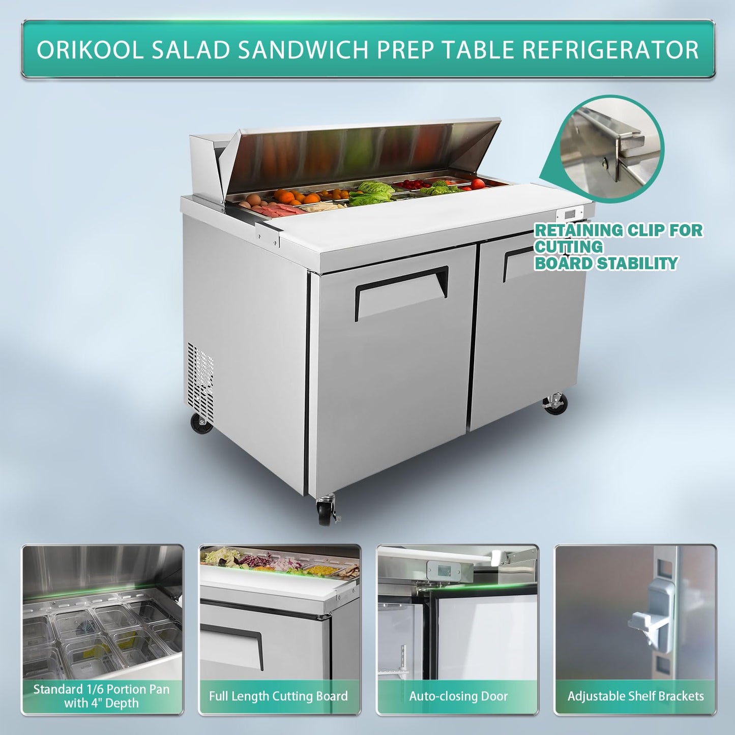 ORIKOOL 48" Commercial Sandwich Prep Table Refrigerator - 2 Door Stainless Steel Fright, 14 Cu.Ft Capacity, Low Noise, Adjustable Shelves, Auto Defrost, Digital Temp Control
