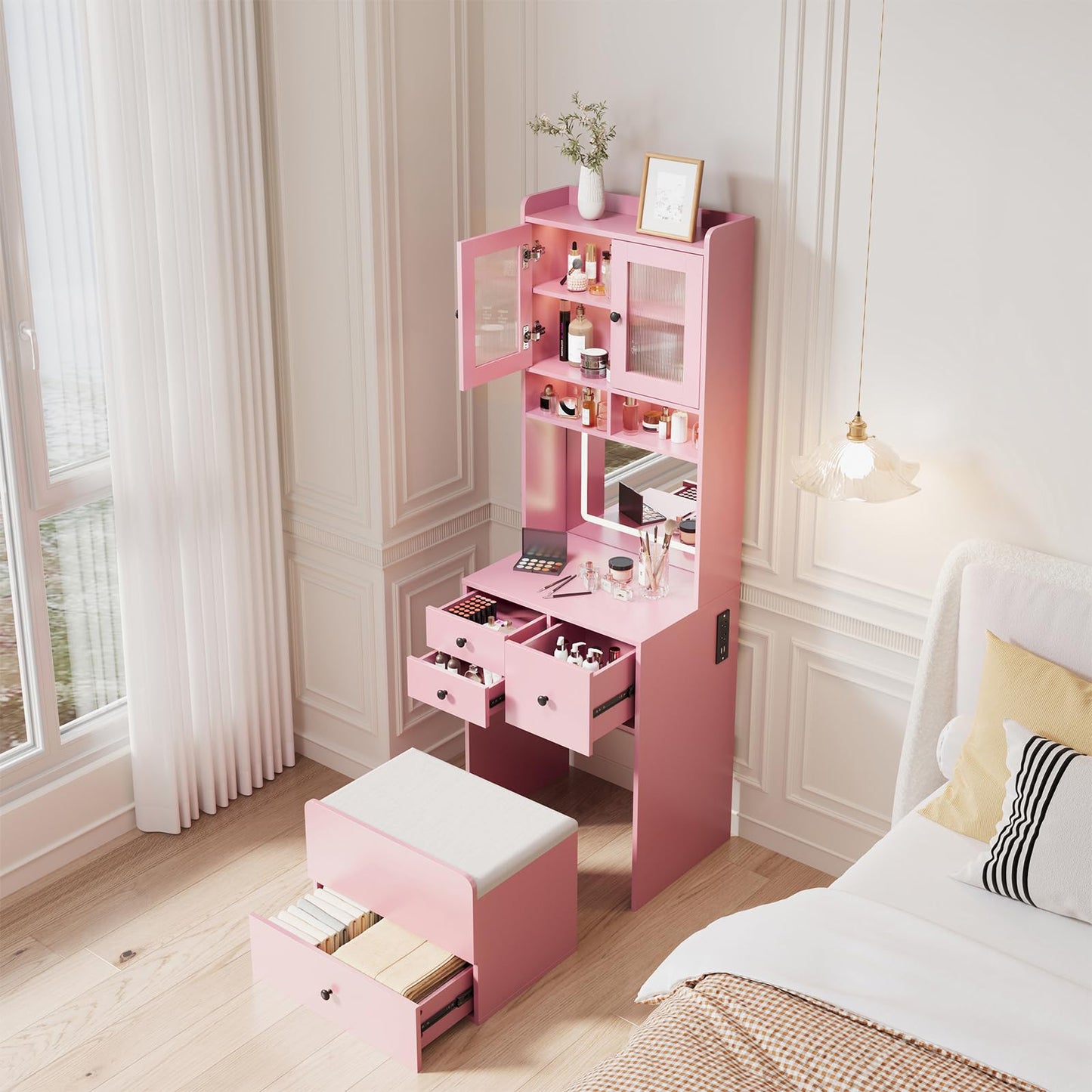 Hetoy 3-in-1 Vanity Desk with Sliding LED Mirror, AC Outlets & USB-C, 4 Drawers, Acrylic Doors, Storage Stool, Cushioned Chair - Complete Makeup Dressing Table Set for Bedroom - Pink