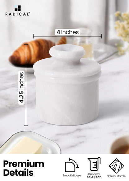Radicaln Marble Butter Keeper 4.25'' Inches White Handmade French Butter Holder For Kitchen Counter Decor Ideal Butter Crock For Counter With Water & Butter Crock For Kitchen
