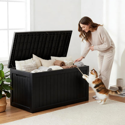 269 Gallon Large Outdoor Storage Box, Waterproof Deck Box with Lockable Lid, Resin Outside Storage Box for Patio Furniture, Pool Accessories, Garden Tools, Storage Bench for Backyard, Porch, Black