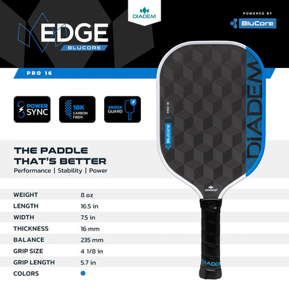 Diadem Edge BluCore Pro Pickleball Paddle | Ultimate Power, Reach, Spin, and Heavy Drives, Extended Reach, 18K Carbon Fiber, PowerSync Foam Core | USAPA Approved (Pro 16mm)