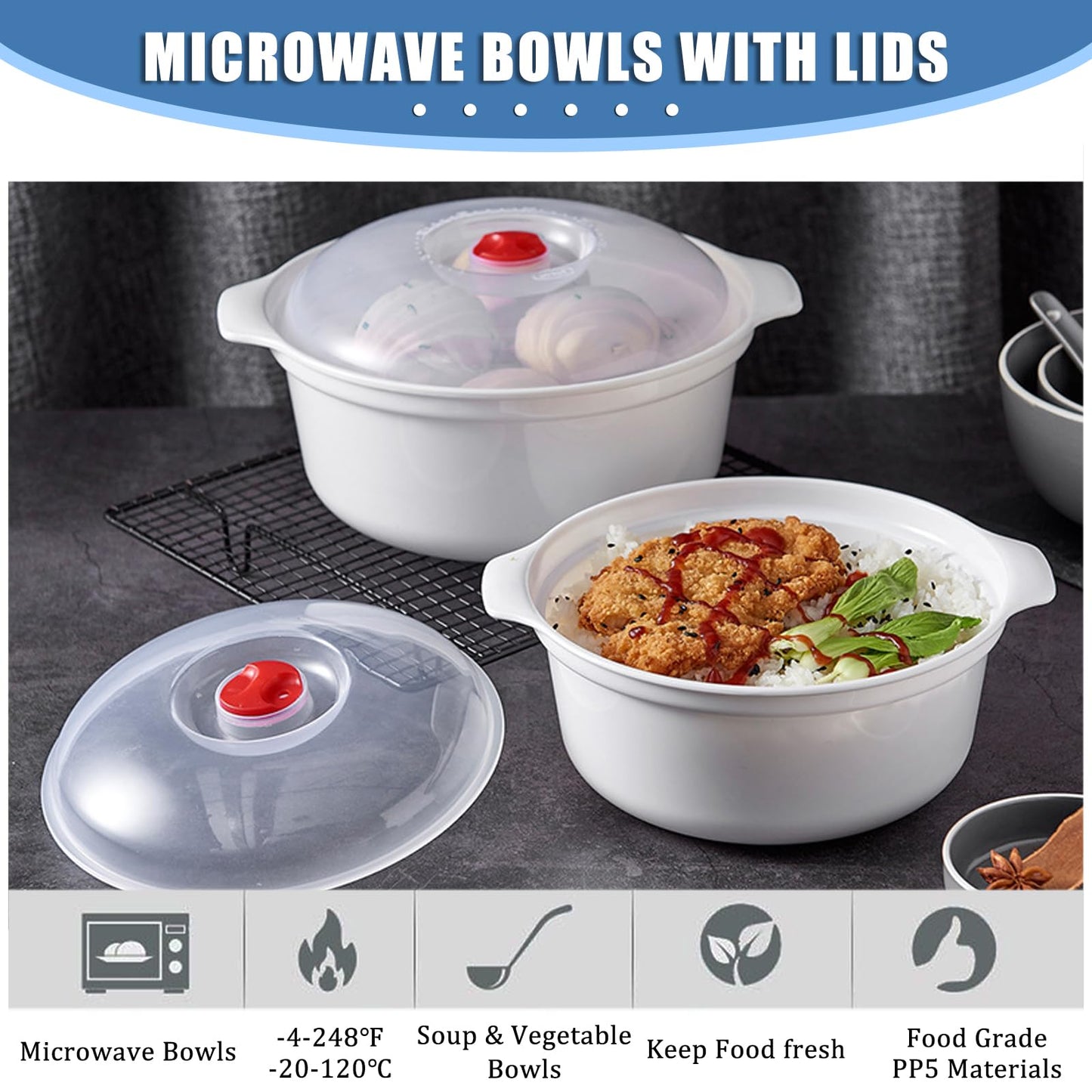 POYIPI 3 Piece Microwave Bowls with Lids Microwave Safe Bowls Microwavable Dishes for Heating Food, Dorm Kitchen Essentials, Cookware Kitchen Supplies, BPA Free