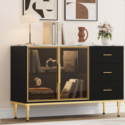 IDEALHOUSE Fluted Sideboard Cabinet, 46.4" Modern Sideboard Buffet Cabinet with 3 Drawers, 2 Glass Doors, Faux Marble Tabletop, Adjustable Shelves for Kitchen, Dining Room, Black
