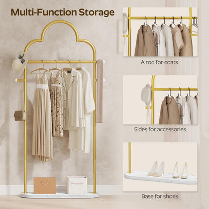 YATINEY Coat Rack Freestanding, Heavy Duty Clothes Rack with 4 Hooks, Metal Coat Hanger Stand with Stable Base, Gold Clothing Rack for Entryway, Bedroom, Office, Gold and Marble White YM04DM