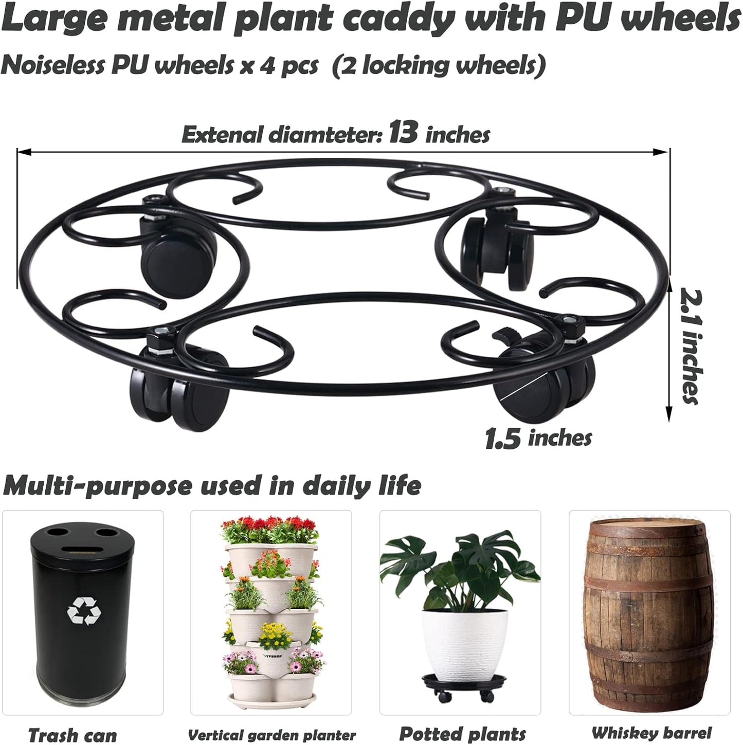 3 Packs 12.8" Metal Plant Caddy With Wheels - Large Rolling Stands Heavy-Duty Wrought Iron Roller Base Pot Movers