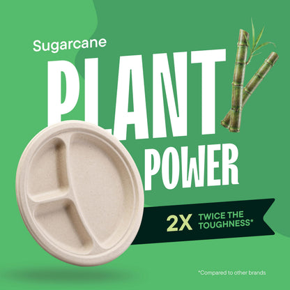 100% Compostable, 3 Compartment, Disposable Paper Plates [125-Pack] - {PFAS Free} - {BPA Certified} - [9 Inch] Heavy Duty Biodegradable Bagasse Sectional Lunch Trays + Dividers - Divided Platte Tray
