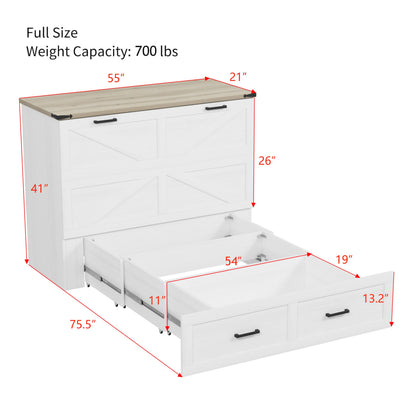 DNYN Farmhouse Murphy Cabinet Bed with Large Storage Drawer for Bedroom/Guest Room, Full-Size Foldable Wall Bed Frame with Charging Station, Space-Saving Design & No Box Spring Needed