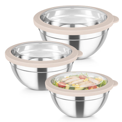 TeamFar Mixing Bowls with Lids, 4.5/3/1.5 QT Stainless Steel Nesting Salad Bowls with Airtight Lids, For Serving/Mixing/Storing/Prepping, Healthy & Sturdy, Visible & Easy Clean, Khaki, Set of 3