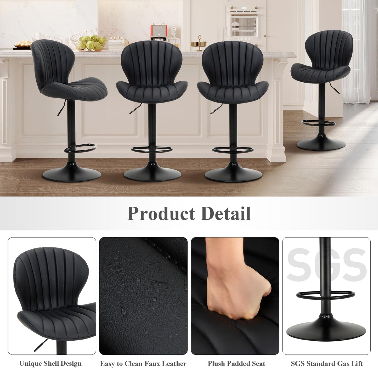 COLAMY Bar Stools Set of 6, Modern Swivel Bar Chairs, Adjustable Faux Leather Upholstered Barstools Counter Height with High Backrest for Bar, Kitchen Island, Dining Room, Black