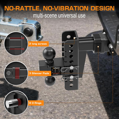 Vullteeon Adjustable Trailer Hitch, Drop Hitch for 2.5 Inch Receiver, Tow Hitch with 6 Inch Drop/Rise, 2" & 2-5/16" Ball Hitches for Trucks, 22,000 LBS GTW, Trailer Hitches with Anti-Theft Pin