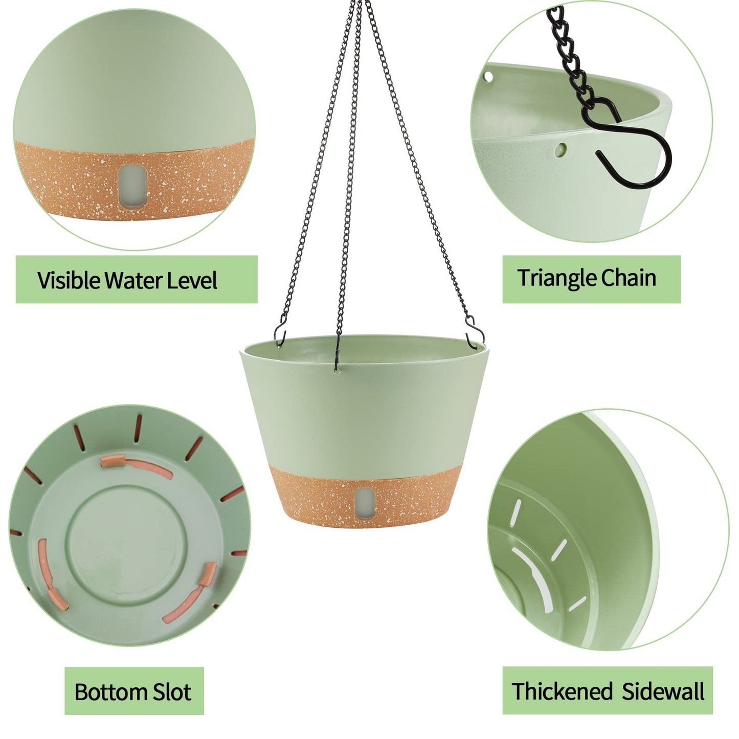 WIZROL 2 Pack Hanging Planters, 10 inch Indoor Outdoor Hanging Plant Pot Basket, Hanging Plastic Flower Pot with Drainage Hole with Removable Tray&Hooks for Hanging Plants,Green