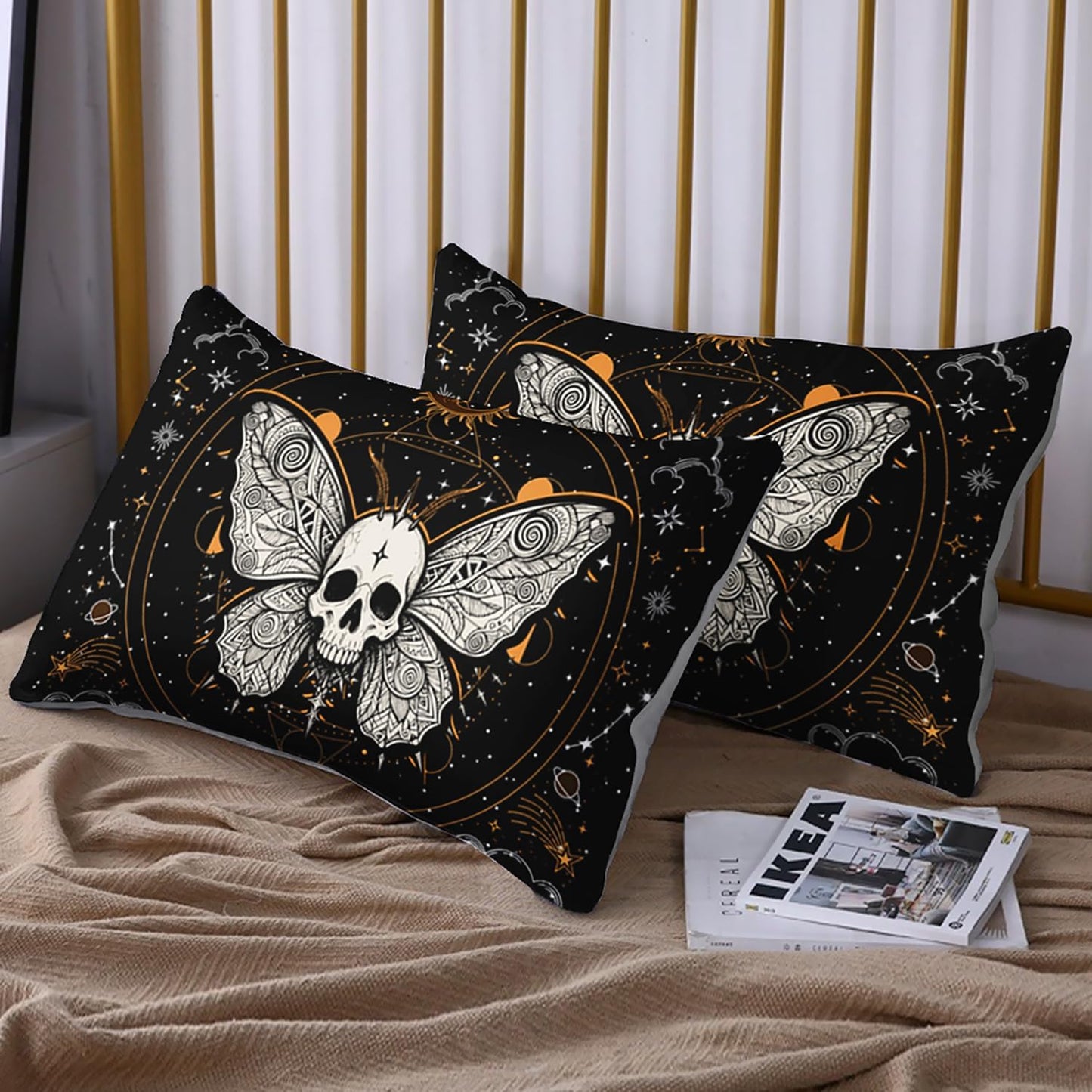 Set HOSIMA Butterfly Bedding for Girls Gothic Skull Boho Comforter Cover Decor for Bedroom, Sun and Moon Pattern Duvet