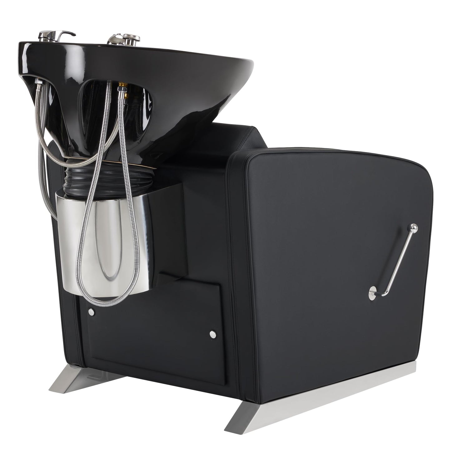 BarberPub Backwash Shampoo Station Chair, Adjustable Porcelain Ceramic Hair Wash Bowl Sink Unit Station, Reclining Shampoo Station Chair for Spa Beauty Salon Hair Salon Equipment 9303 (Black)