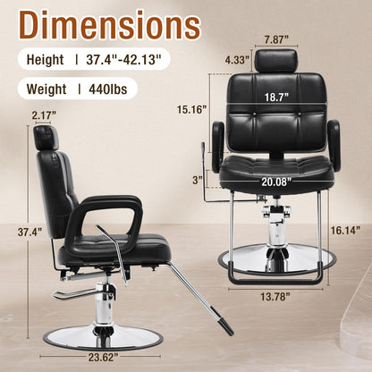 Barber Reclining Chair with Headrest - Heavy Duty Hydraulic Pump Height Adjustable,360°Swivel ,Max Load Weight 440 Lbs,Beauty Salon Spa,Barbershop,Hairdresser Cutting,Styling Stylist,Braiding,Black