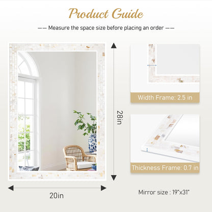 White Framed Bathroom Mirrors for Wall, 20x28 Inch Mother of Pearl Inlay Mirrors with Tempered Glass for Bathroom Bedroom or Living Room (Horizontal/Vertical Hanging)
