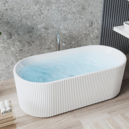 59" Modern V-Shape Freestanding Bathtub - Gloss White Acrylic Soaker with Pleated Design, Chrome Drain & Overflow,Cupc Certified,Gloss White