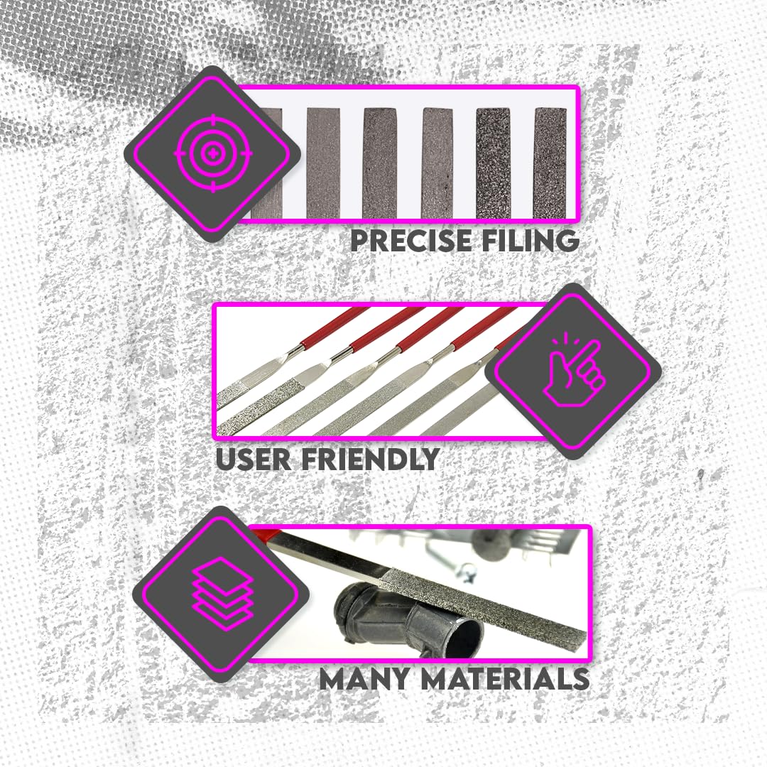 SE 74330DF 6-Piece Flat Diamond Grit File Set - Multi-Grit for Metals, Glass, Stones - 7" Length, 2" Diamond Surface, Round Handles - Includes PVC Pouch