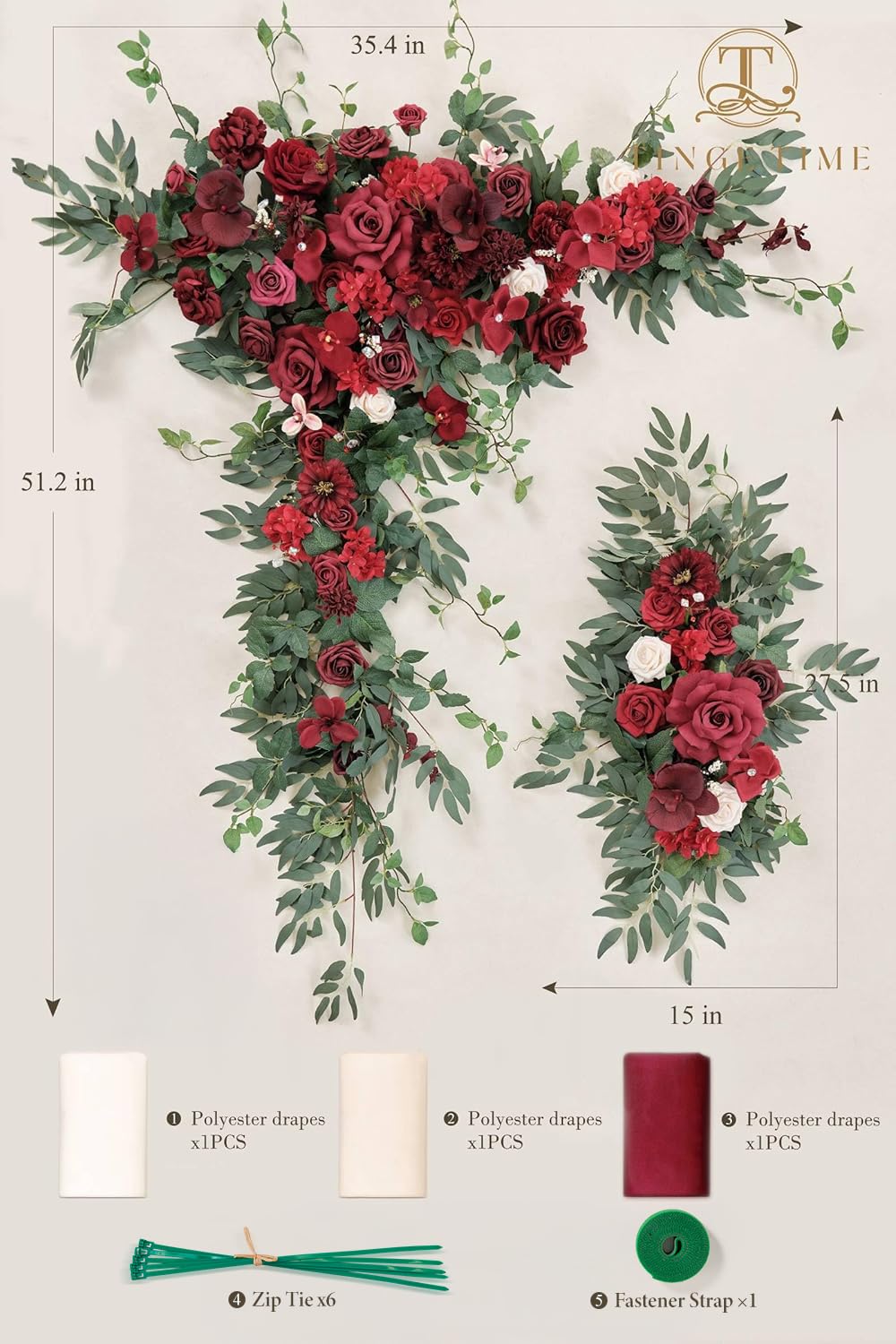 TINGE TIME Wedding Arch Flowers Kit - Deluxe 5pcs Artificial Floral Swag with 3 Sheer Drapes, Realistic Silk Flower Arrangements for Wedding Ceremony Arbor Backdrop Reception Party Home Decor