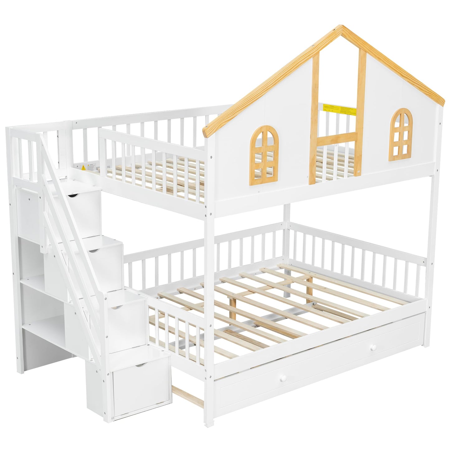 Merax Full Over Full Wooden Bunk Bed with Trundle and Storage Staircase, Full Size House Bunk Bed Frame with Window Door Guardrails for Teens, Boys, Girls Bedroom, White+Natural