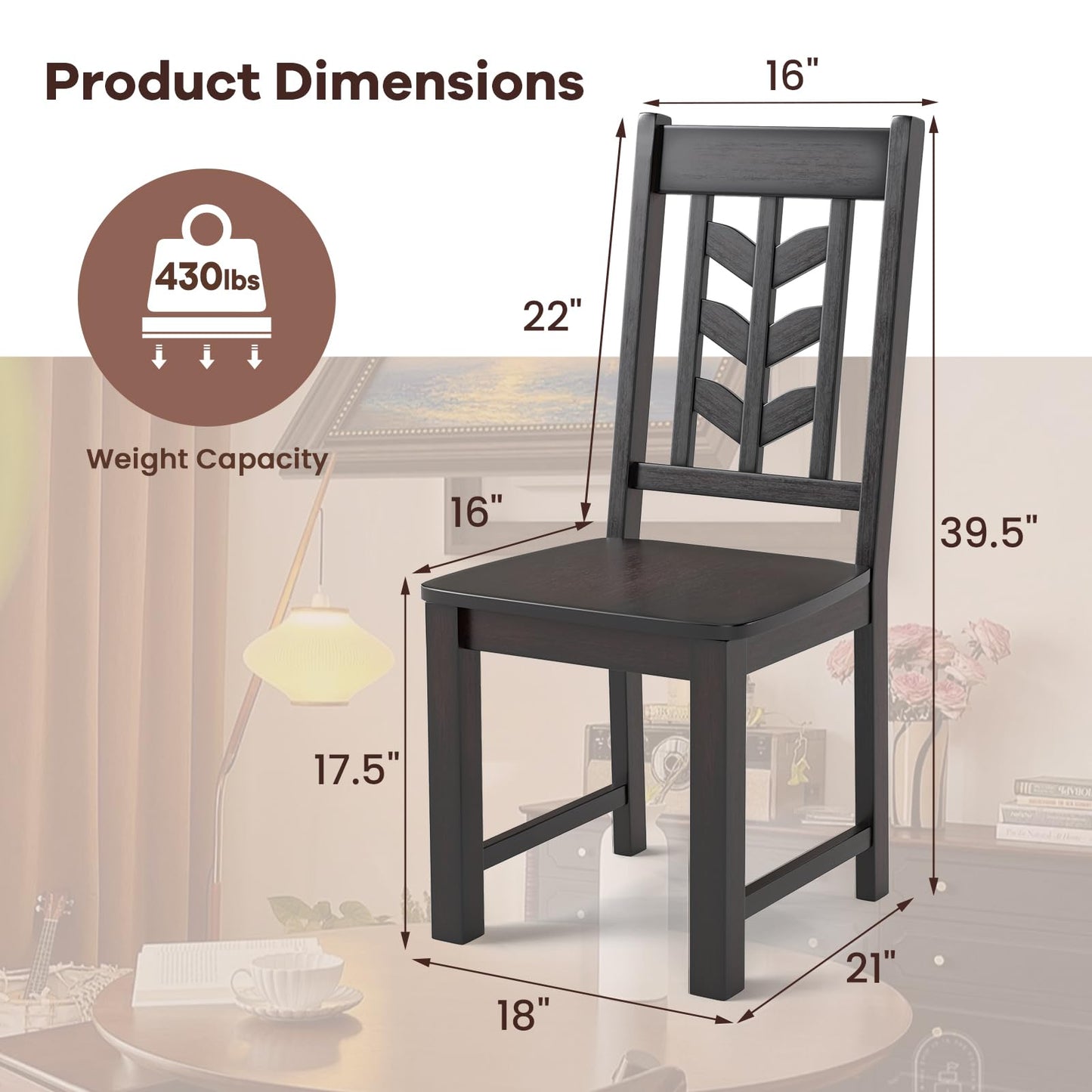 NAFORT Solid Wood Dining Chairs Set of 6, Brown Kitchen Table Chair with Max Load of 430 Lbs, High Chevron Back Dining Room Chairs for Dining Table in Kitchen and Dining, Home Office, Restaurant