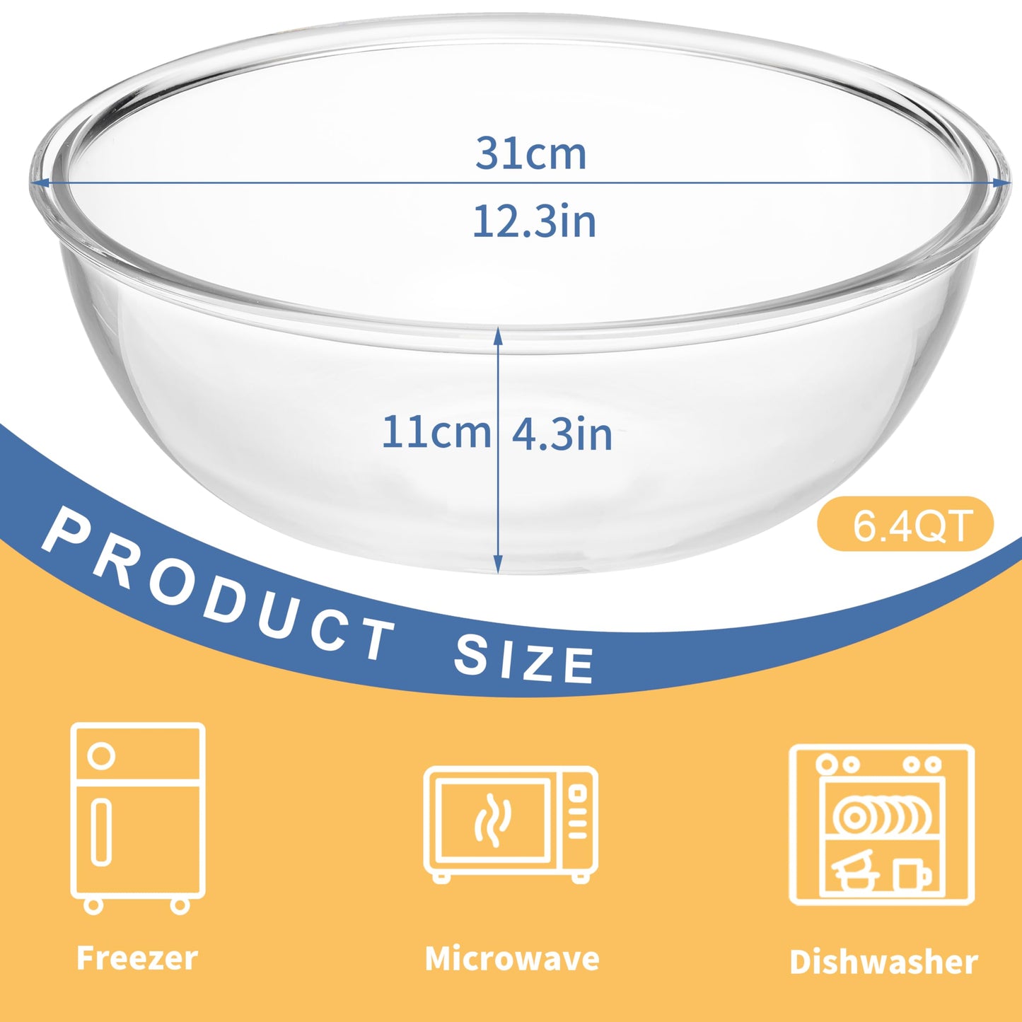 6.5Qt Extra Large Glass Mixing Bowls, Clear Large Salad Bowls,Thickened Glass Big Mixing Bowls Salad Bowls Cooking Bowl for Kitchen Prepping Storing Baking Serving, Fruit, Snacks, Borosilicate Glass
