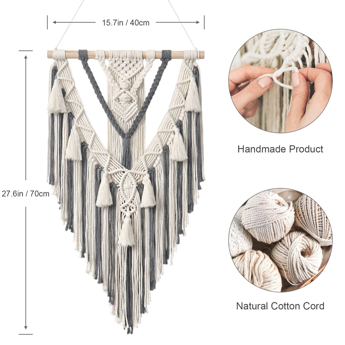 Dremisland Macrame Woven Wall Hanging Boho Geometric Woven Tapestry Beige & Grey Cotton Handmade Bohemian Art Decor with Tassel Craft Ornament for Bedroom Living Room Apartment Nursery (Grey)