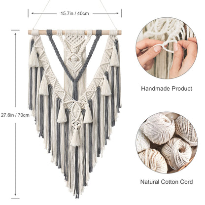 Dremisland Macrame Woven Wall Hanging Boho Geometric Woven Tapestry Beige & Grey Cotton Handmade Bohemian Art Decor with Tassel Craft Ornament for Bedroom Living Room Apartment Nursery (Grey)