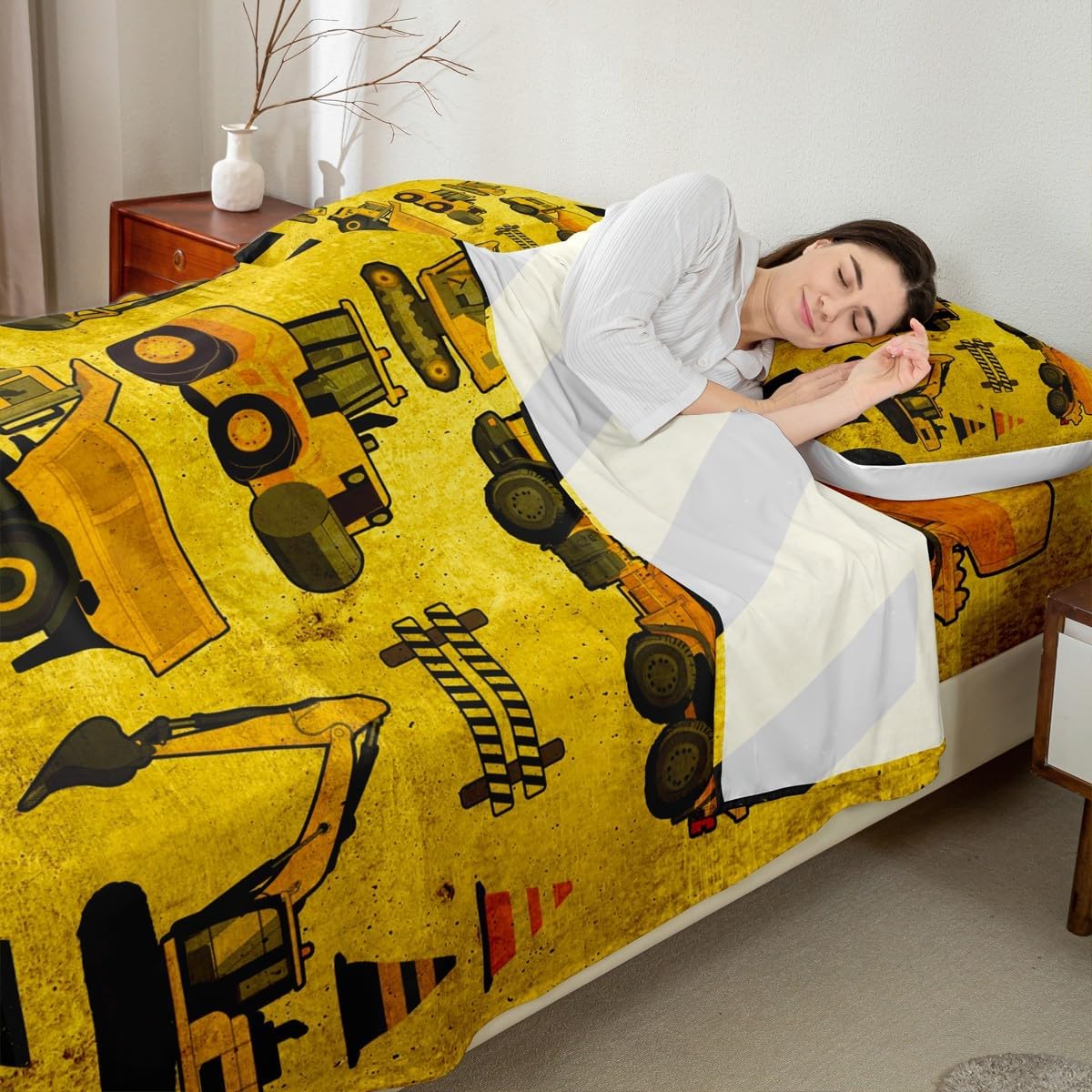 Set Set Erosebridal Excavators Bed Sheets Twin Size Equipment Trucks Sheet Construction Tractor Fitted Sheet, Yellow