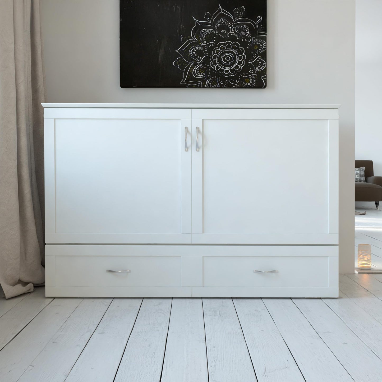 AFI Hamilton Queen Murphy Bed Chest with Mattress, Storage, and Built-in Charger in White